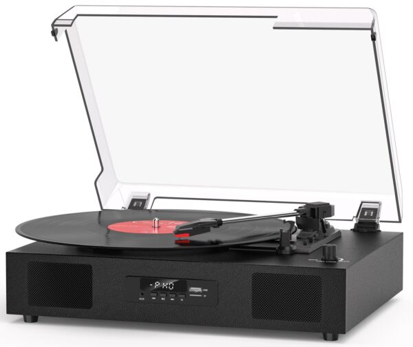Vinyl Record Player Bluetooth Turntable with Built-in Two Speakers USB Recording Belt Drive 3 Speeds Turntables for Vinyl Records Support AUX RCA Output, LED Display, Black