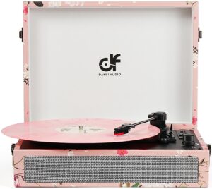 Vinyl Record Player Bluetooth with with Built-in Speakers, Vintage Portable Suitcase Turntable with Floral Design, 3-Speed Vinyl Phonograph with RCA/USB/LED Display, Pink
