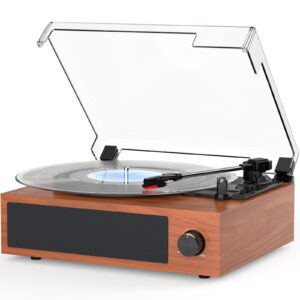 Vinyl Record Player Built-in Stereo Speakers BT Wireless Input Belt Drive Vintage Turntables for Vinyls Records 3 Speed LP Players Turn Tables RCA Line Auto Stop All-in-one Wooden Walnut Red