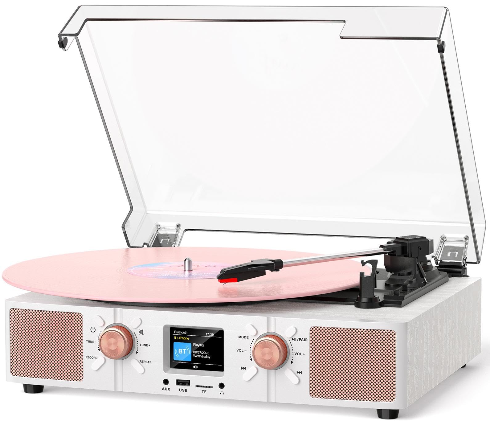 Vinyl Record Player with Built-in Speakers, Vintage 3-Speed Bluetooth Turntable with USB Recording, LCD Display, Clock, RCA/Headphone/AUX Jacks, Belt-Driven LP Player, White Rose Gold