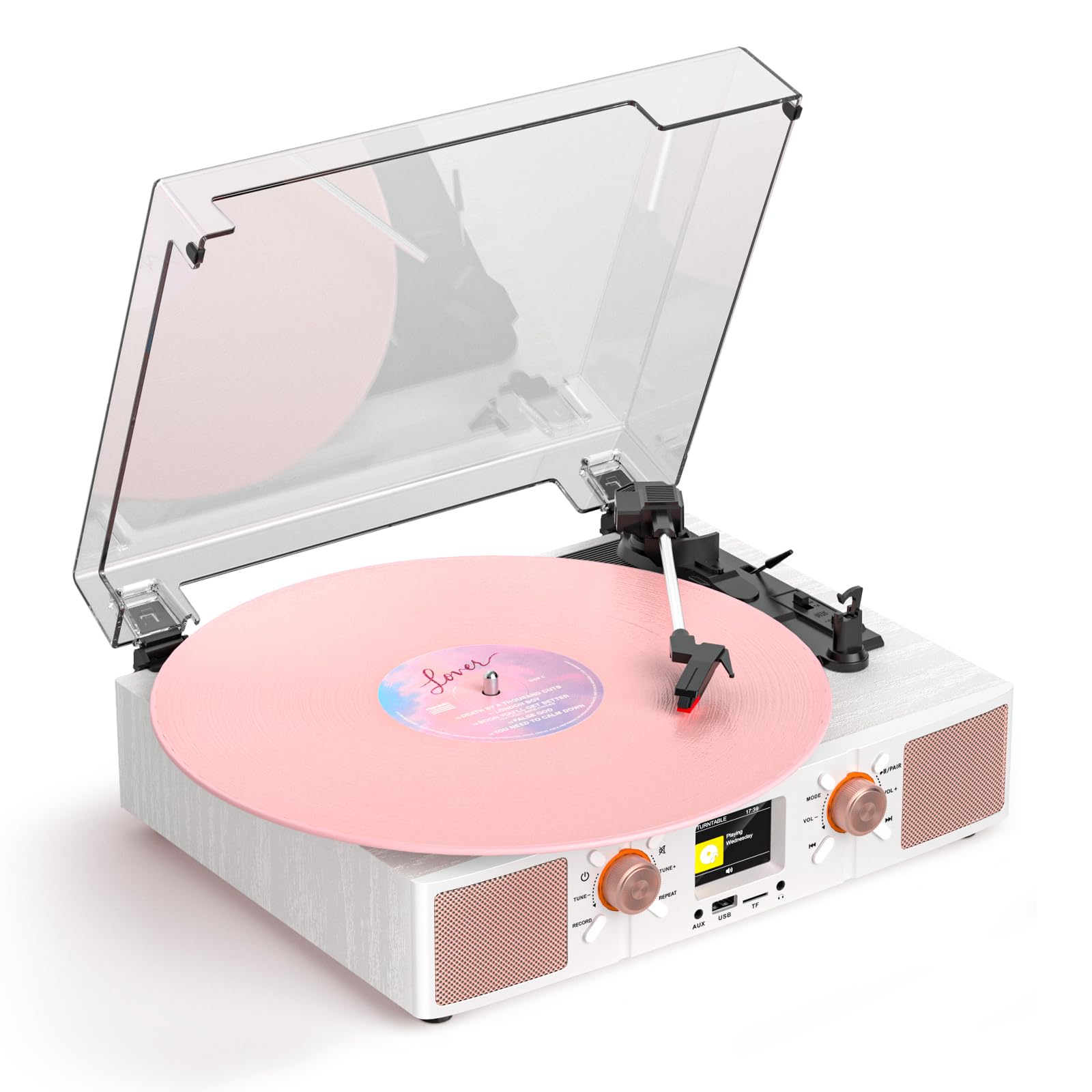 Vinyl Record Player with Built-in Speakers, Vintage Wood Bluetooth 3-Speed Turntable with USB Music Playback, LCD Color Display, Clock, RCA Ouput, AUX Input, White & Rose Gold