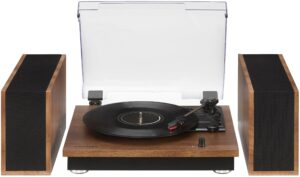 Crosley CR7502A-WA Riff 3-Speed Bluetooth Vinyl Record Player Turntable with Matching Stereo Speakers and 6 Modular Layouts, Walnut