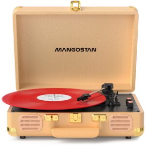MANGOSTAN Vintage Bluetooth Record Player, 3-Speed Portable Turntable with Built-in Bass Stereo Speakers, Belt-Driven Vinyl Phonograph, Support AUX-in, RCA Line Out & Headphone Jack – Gold