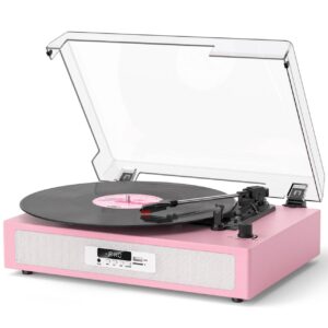 TANLANIN Vinyl Record Player with Enhanced Stereo Sound, 3-Speed Belt-Drive Turntable for Vinyl Records, Vintage LP Player with USB/SD Recording, RCA/AUX Ports, 5 EQ Modes, Auto Off, Pink