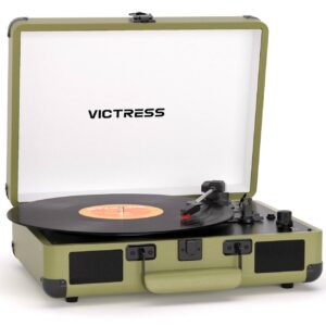 VICTRESS Suitcase Record Player, Portable Vinyl Record Player Bluetooth with Stereo Speakers, 3-Speed Turntable, USB to Digital Recording, RCA/AUX/Headphone Jack, Retro Gift Vinyl Player, Moss Green
