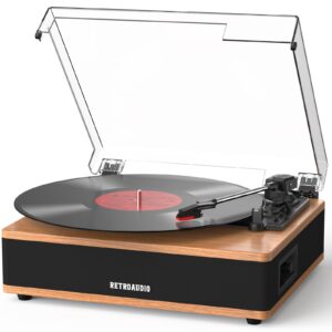 Vinyl Record Player Bluetooth Turntable with Built in Stereo Speakers Belt Drive 3 Speeds Vintage Turntables for Vinyl Records Support RCA Output, Aux in, Auto Stop, Walnut
