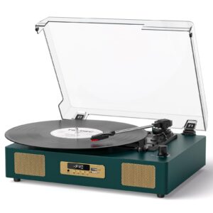Vinyl Record Player Bluetooth with Built-in Speakers & USB Recording, Vintage Belt-Drive 3 Speeds Turntable Supports RCA Output, Auto-Stop, Green