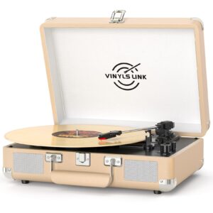 VINYLSLINK Bluetooth Vinyl Record Player with Treble & Bass Adjustment, Vintage Portable Turntable Suitcase with Built-in Speakers, 3-Speed Belt Drive (33/45/78 RPM), Auto Stop, RCA/AUX/Headphone Jack