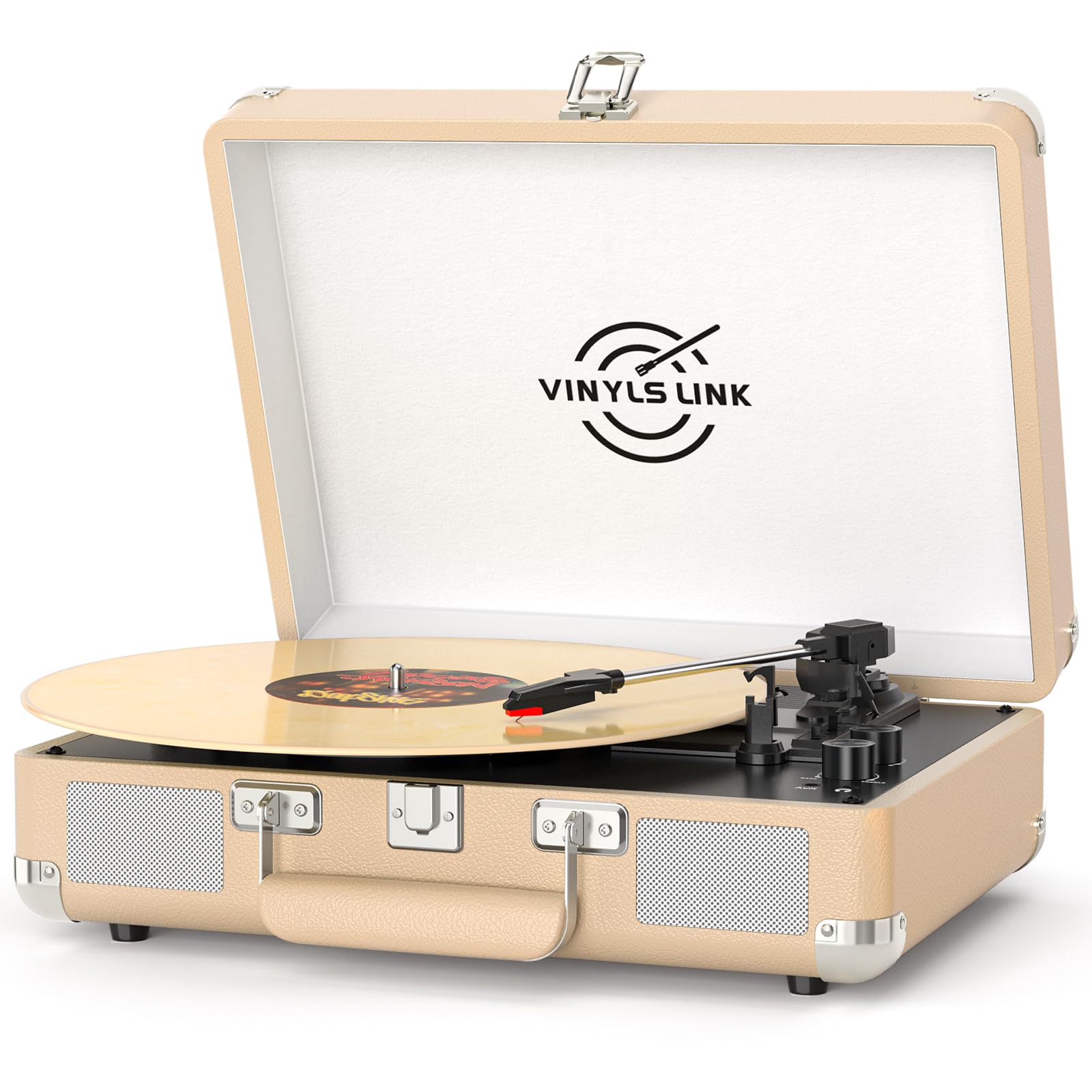 VINYLSLINK Bluetooth Vinyl Record Player with Treble & Bass Adjustment, Vintage Portable Turntable Suitcase with Built-in Speakers, 3-Speed Belt Drive (33/45/78 RPM), Auto Stop, RCA/AUX/Headphone Jack