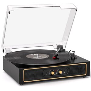 Retro Bluetooth Record Player with Built-in Speakers, 3-Speed Belt-Drive Turntable, Bass & Treble Control, Compact Vinyl Player with Transparent Dust Cover, RCA Output, AUX & Headphone Jack, Black