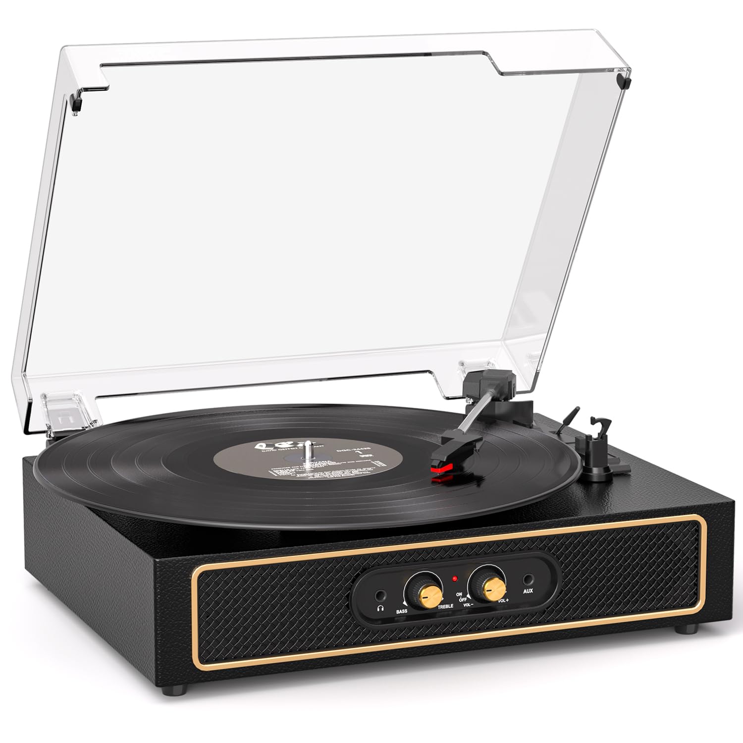 Retro Bluetooth Record Player with Built-in Speakers, 3-Speed Belt-Drive Turntable, Bass & Treble Control, Compact Vinyl Player with Transparent Dust Cover, RCA Output, AUX & Headphone Jack, Black