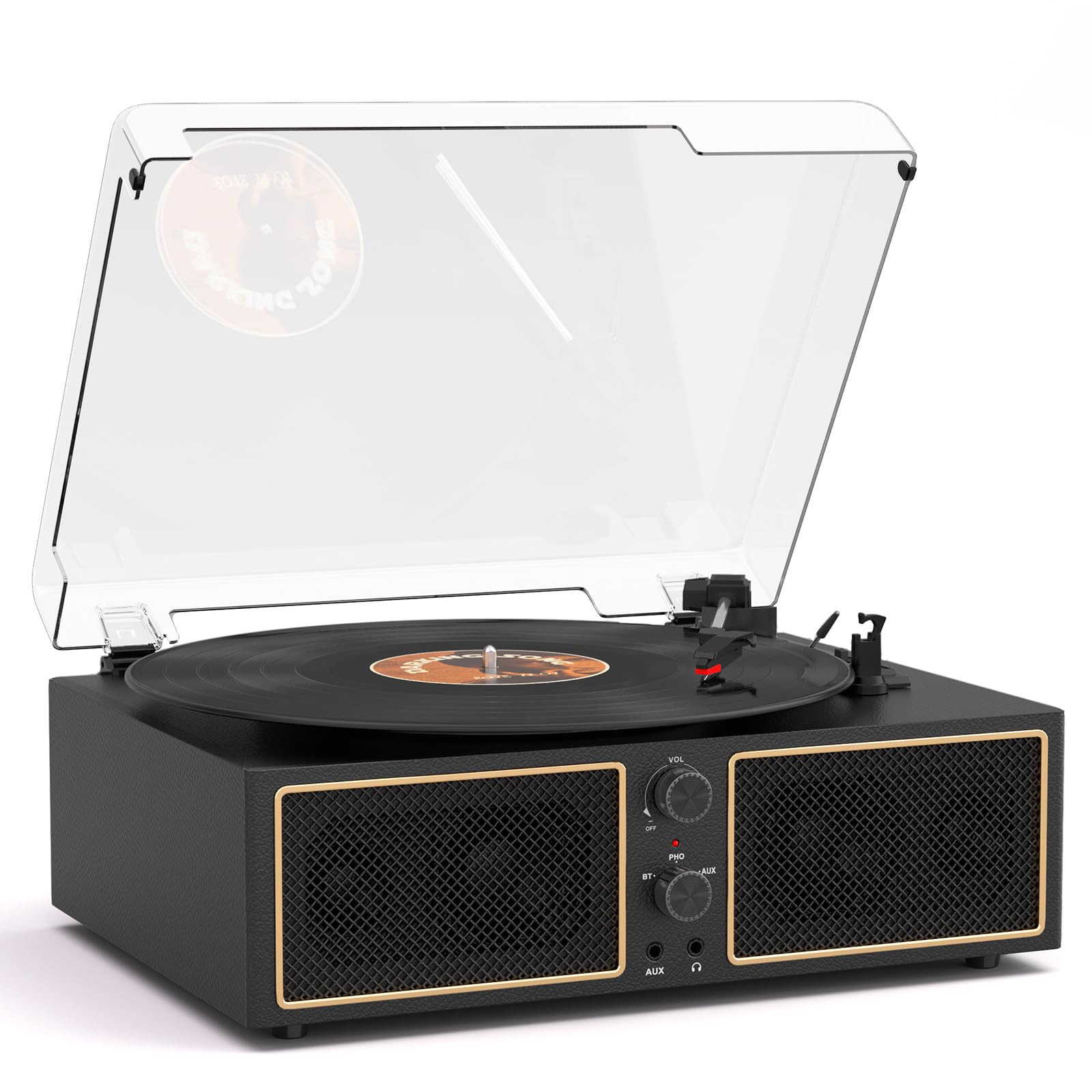 TANLANIN Vinyl Record Player Bluetooth Turntable with 4 Stereo Speakers, 3-Speed LP Player for Vinyl Records, RCA AUX Output, PC Recording, Headphone Jack, Retro Record Player with Classic Design