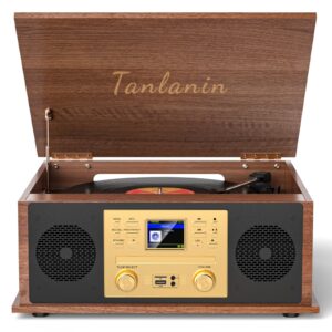 The 9-in-1 Vintage Bluetooth Record Player Multimedia Center with Built-in Stereo Speakers, CD Player, All in One 3-Speed Vinyl Turntable, Internet Radio, Clock, USB Recording, RCA Out,Walnut