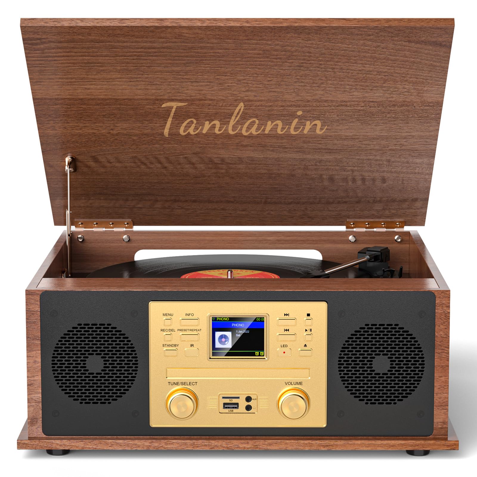 The 9-in-1 Vintage Bluetooth Record Player Multimedia Center with Built-in Stereo Speakers, CD Player, All in One 3-Speed Vinyl Turntable, Internet Radio, Clock, USB Recording, RCA Out,Walnut