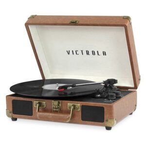 Victrola Journey Bluetooth Portable Suitcase Record Player – with Built-in Speakers, 3 Speed Vinyl Record Player, RCA Out, Headphone Jack (Gray)