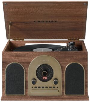 Crosley CR7025A-WA Hayes 8-in-1 Bluetooth Vinyl Record Player, 3-Speed Turntable, CD, AM/FM Radio, Cassette, Walnut