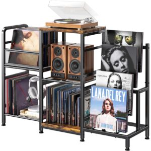 POKIPO Large Record Player Stand, Vinyl Record Storage Holds up to 400+ Albums, 3 Tier Turntable Stand with Display Shelf, 3-in-1 Multifunctional Record Player Cabinet Media Console Table for Stereo