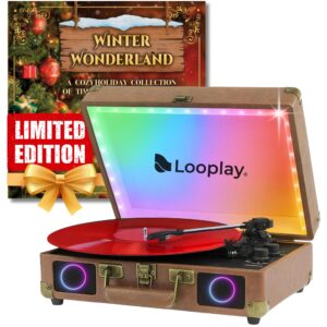 Premium Bluetooth Vinyl Record Player with Speakers & LED Lights – Portable Suitcase Turntable, 3-Speed LP Vinyl Player with Auto-Stop & RCA Output – Retro Gift, Exclusive Holiday Album Included