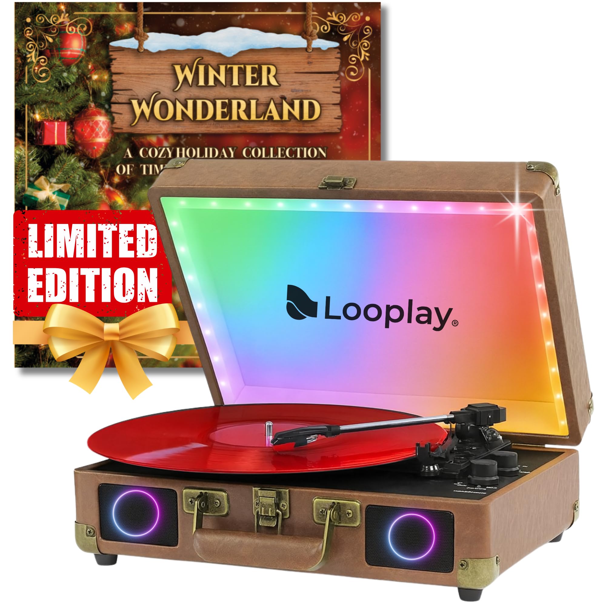 Premium Bluetooth Vinyl Record Player with Speakers & LED Lights – Portable Suitcase Turntable, 3-Speed LP Vinyl Player with Auto-Stop & RCA Output – Retro Gift, Exclusive Holiday Album Included