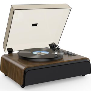 Vinyl Record Player High-Fidelity Bluetooth Turntable, Enhanced Bass Record Player with Speakers Magnetic Cartridge BT5.3 Playback RCA Out Aux in Belt-Drive 33/45RPM