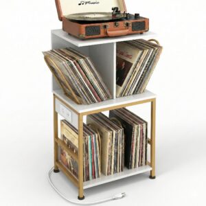 ZEXVIDA Record Player Stand with Vinyl Storage, Large Record Table Holds 180 Albums, Vinyl Record Storage Stand with USB Charger, Multi-Functional Side Table & Shelf for Living Room Bedroom