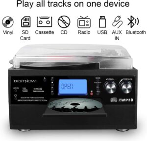 digitnow-9-in-1-record-player-with-stereo-speaker-3-speed-turntable-for-vinyl-cd-cassette-player-bluetooth-usb-sd-playback-am-fm-radio-aux-in-remote-control-black