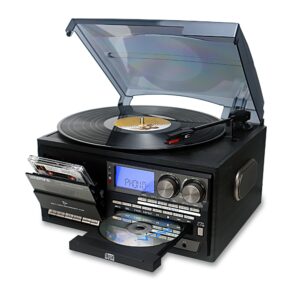 LoopTone Vinyl Record Player 10 in 1 3 Speed Bluetooth Vintage Turntable CD Cassette Player AM/FM Radio USB Recorder Aux-in RCA Line-Out (Black-Grey)
