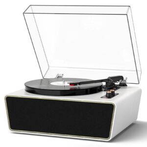 MANGOSTAN Full Size Vinyl Record Player, 3-Speed Bluetooth Turntable with Ruby Stylus, Adjustable Counterweight, Built-in 4 Stereo Speakers, Hi-Fi Belt-Drive with Auto Stop, White