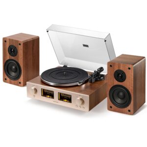 QLEARSOUL HiFire X Vinyl Record Player, Audiophile HiFi Turntables System with 100W Bookshelf Speakers,VU Meter, DSP Preamp, Support 33/45 RPM, RCA LINE in | Out
