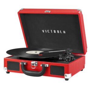 Victrola Journey Bluetooth Portable Suitcase Record Player – with Built-in Speakers, 3 Speed Vinyl Record Player, RCA Out, Headphone Jack (Marsala)