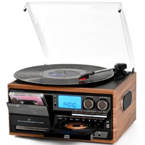 Vinyl Record Player Built-in Speakers 10 in 1 Vintage Turntable with CD Cassette Tape AM FM Radio Function 3 Speed BT Input Output LP Player Support USB SD AUX RCA Playback Auto Stop Retro Wood Black