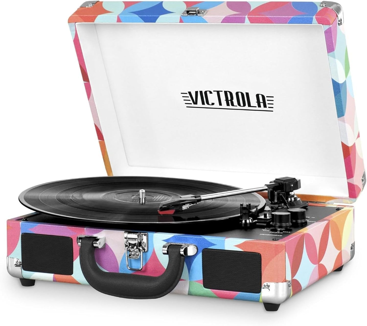 Victrola Journey Bluetooth Portable Suitcase Record Player – with Built-in Speakers, 3 Speed Vinyl Record Player, RCA Out, Headphone Jack (Retro Map)