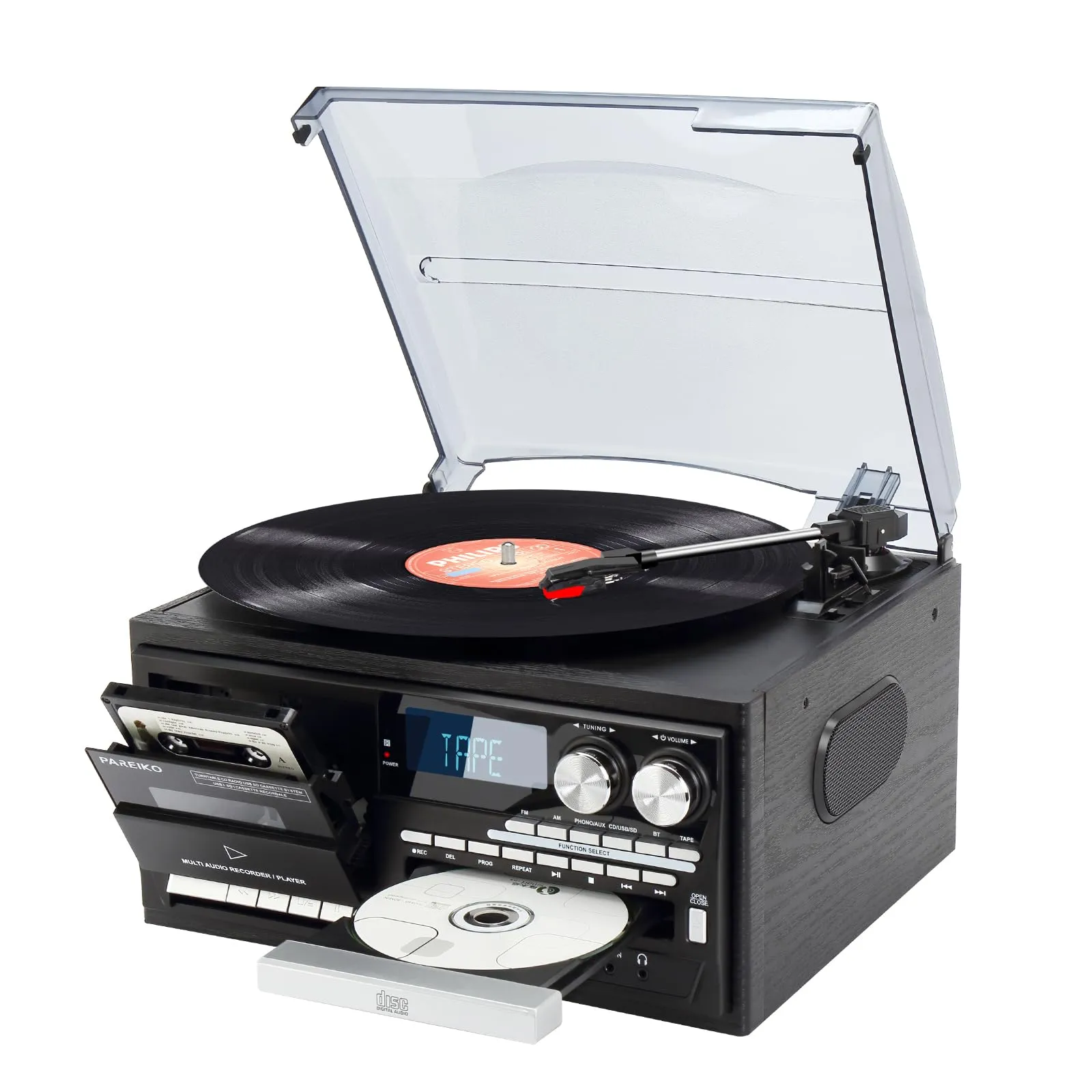 Vintage Record Player 9-in-1 Turntable with Built-in Speakers, AM/FM Radio, CD & Cassette Player, Bluetooth USB/SD Playback, Remote Control, Aux & RCA Inputs, Headphone Jack for Music Fans