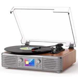 Vintage Vinyl Record Player with Stereo Speakers, 3-Speed Belt Drive Bluetooth Turntable, USB to PC Recording, LCD Display, Auto Stop, RCA Line Out, AUX, Headphone Jack, Walnut Wood, Home Decor, Gift