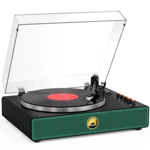 Vinyl Record Player with AT-3600L Cartridge, Bluetooth Turntable with USB to PC Recording, Aluminum Platter, Phono Preamp, Belt-Drive 2-Speed, VU Meter, RCA Out, Vintage Wooden Home Decor, Black