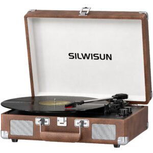 Vinyl Record Player with Speakers Vintage Bluetooth Turntable, Battery Powered Portable Pink Vinyl Player, Retro Suitcase Phonograph, 3-Speed Lp Player RCA Out AUX in Headphone Jack (Pink Silvery)
