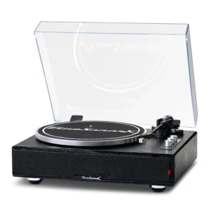 RESONANCE AUDIO WORKS Hi-Fi Record Player with Speakers | Premium Vinyl Turntable with Bluetooth Capability | Built-in 4-Speaker Stereo System | 33/45/78 RPM Playback, Light Walnut + Gold Trim