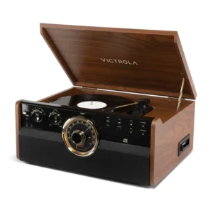 Victrola The Empire Mid-Century 6-in-1 Turntable & Multimedia Center with Built-in Speakers – 3 Speed, Bluetooth Connectivity, Radio, Cassette & CD Player, RCA Out, Headphone Jack (Walnut)