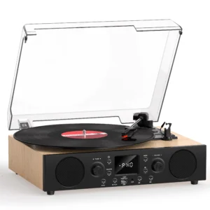 Record Player with Built-in Speakers, Vintage Bluetooth Turntable 3 Speed with USB Recording, Bluetooth Receiving, FM Radio, RCA Line Out & AXU-in, Vinyl Record Player Oak