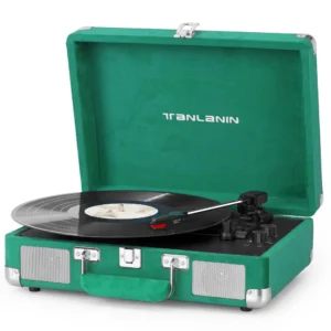 TANLANIN Purple Velvet Suitcase Vinyl Record Player with Built-in Speakers, Bluetooth Input, Bass & Treble Control, 3-Speed Belt-Drive Turntable with Auto Stop, AUX in, RCA Out, Headphone Jack