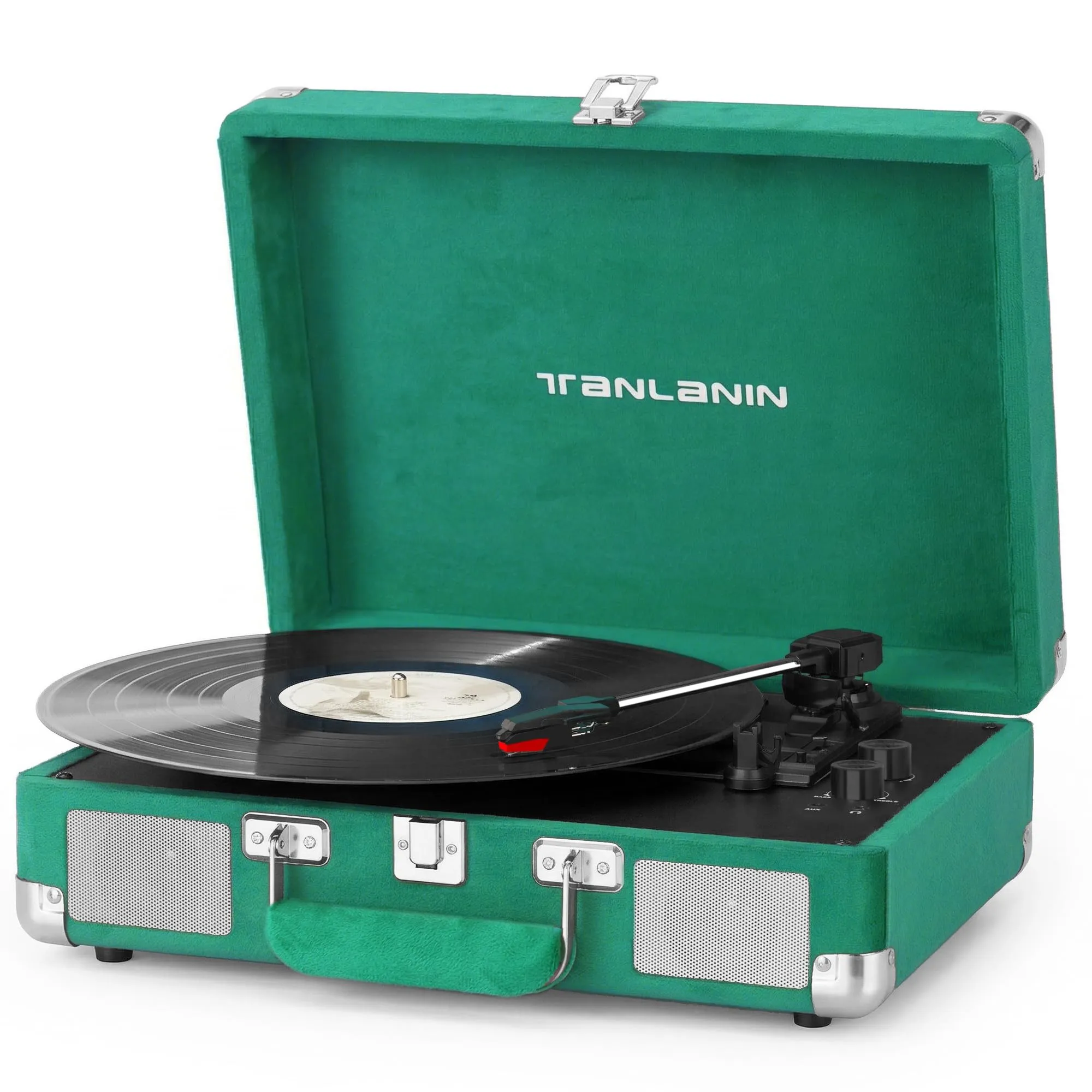 TANLANIN Purple Velvet Suitcase Vinyl Record Player with Built-in Speakers, Bluetooth Input, Bass & Treble Control, 3-Speed Belt-Drive Turntable with Auto Stop, AUX in, RCA Out, Headphone Jack