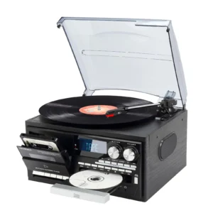 The 9 in 1 Vintage Bluetooth Record Player with Built-in Stereo Speakers, 3-Speed Turntable, AM/FM Radio, CD & Cassette Player, USB/SD Playback, Remote Control, Aux in, RCA Out & Headphone Jack