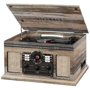 Victrola The Quincy 6-in-1 Bluetooth Record Player & Multimedia Center with Built-in Speakers – 3-Speed Turntable, CD & Cassette Player, FM Radio, Wireless Music Streaming (Walnut)
