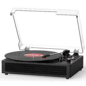 Bluetooth Turntable Vinyl Record Player, 3-Speed Record Player with Built-in Speakers,USB Recording, AUX in Auto Stop, Belt-Drive LP Player Black