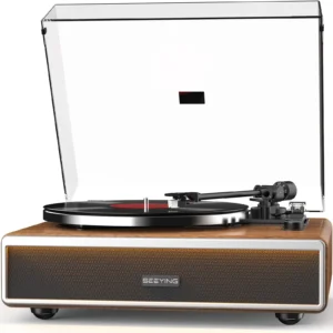 SeeYing Vinyl Record Player with Built in HiFi Speakers, Bluetooth Belt Drive Turntable for Vinyl Records with Magnetic Cartridge, Auto Stop and Warm Light Design