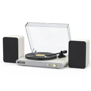 Udreamer Dual Bluetooth Record Player, Vinyl Turntable with Speakers White | Bookshelf HiFi System, USB Encoding, Built-in Preamp, Auto Stop, Pitch Control, AT3600L Stylus, PU Leather White