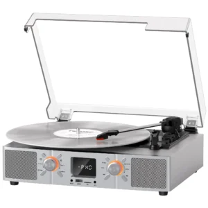 VinylsLink Vinyl Record Player Bluetooth Turntable with Speakers, 3-Speeds LP Player, Auto Stop, USB and TF Playback, USB Recording, FM Radio, LED Display, RCA Output, AUX Input, Headphone Jack