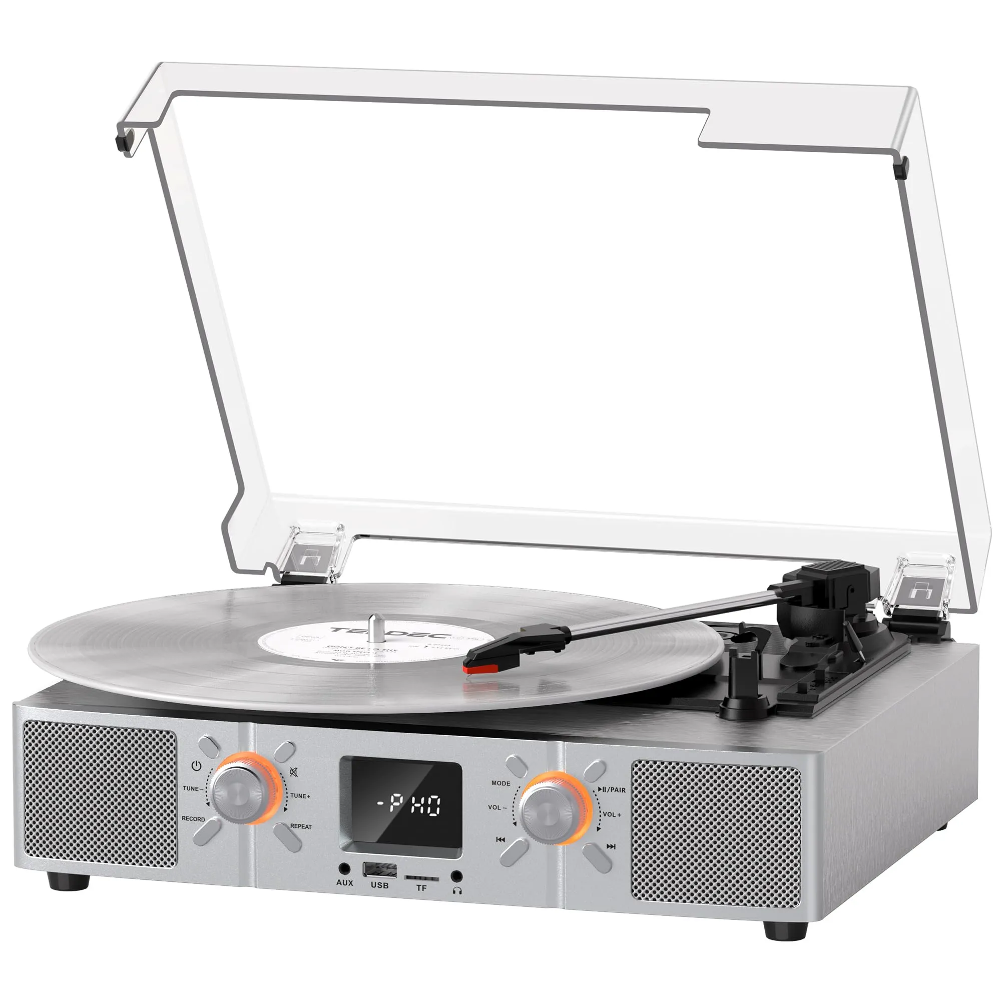 VinylsLink Vinyl Record Player Bluetooth Turntable with Speakers, 3-Speeds LP Player, Auto Stop, USB and TF Playback, USB Recording, FM Radio, LED Display, RCA Output, AUX Input, Headphone Jack
