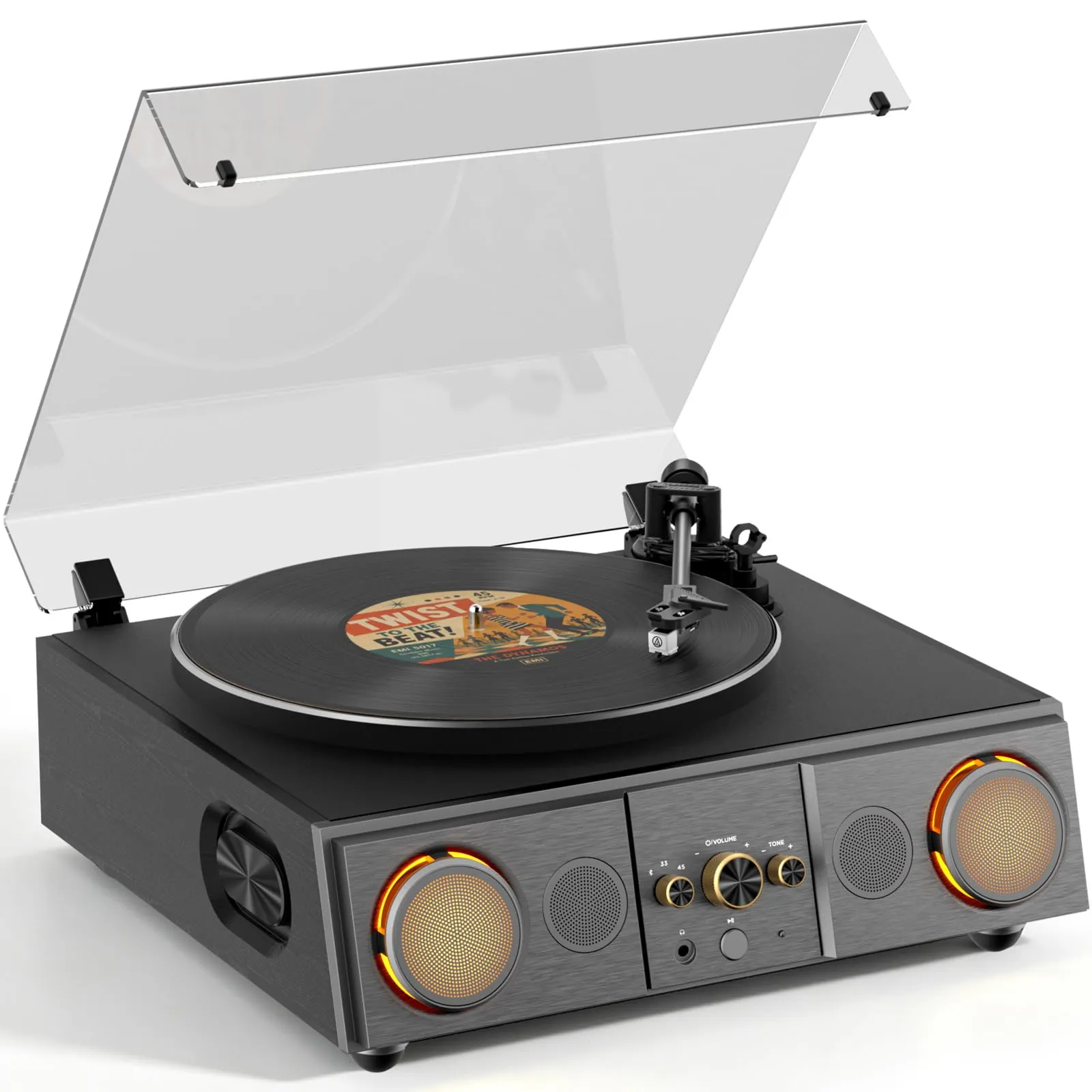 RetroAudio Vinyl Record Player Turntable, 4 Speakers and Amber Lights | 4 speakers and 2 passive radiators for fuller sound; AT3600L cartridge, Bluetooth in, amber lights, and Phono/Line RCA out