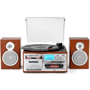Seasonlife® Vinyl Record Player 10 in 1 Vintage Turntable, Retro Wood Brown | Built-in Speakers,3 Speed,BT Input Output,CD Cassette Tape Players,AM FM Radio,USB SD AUX RCA Playback,Recording,Auto Stop